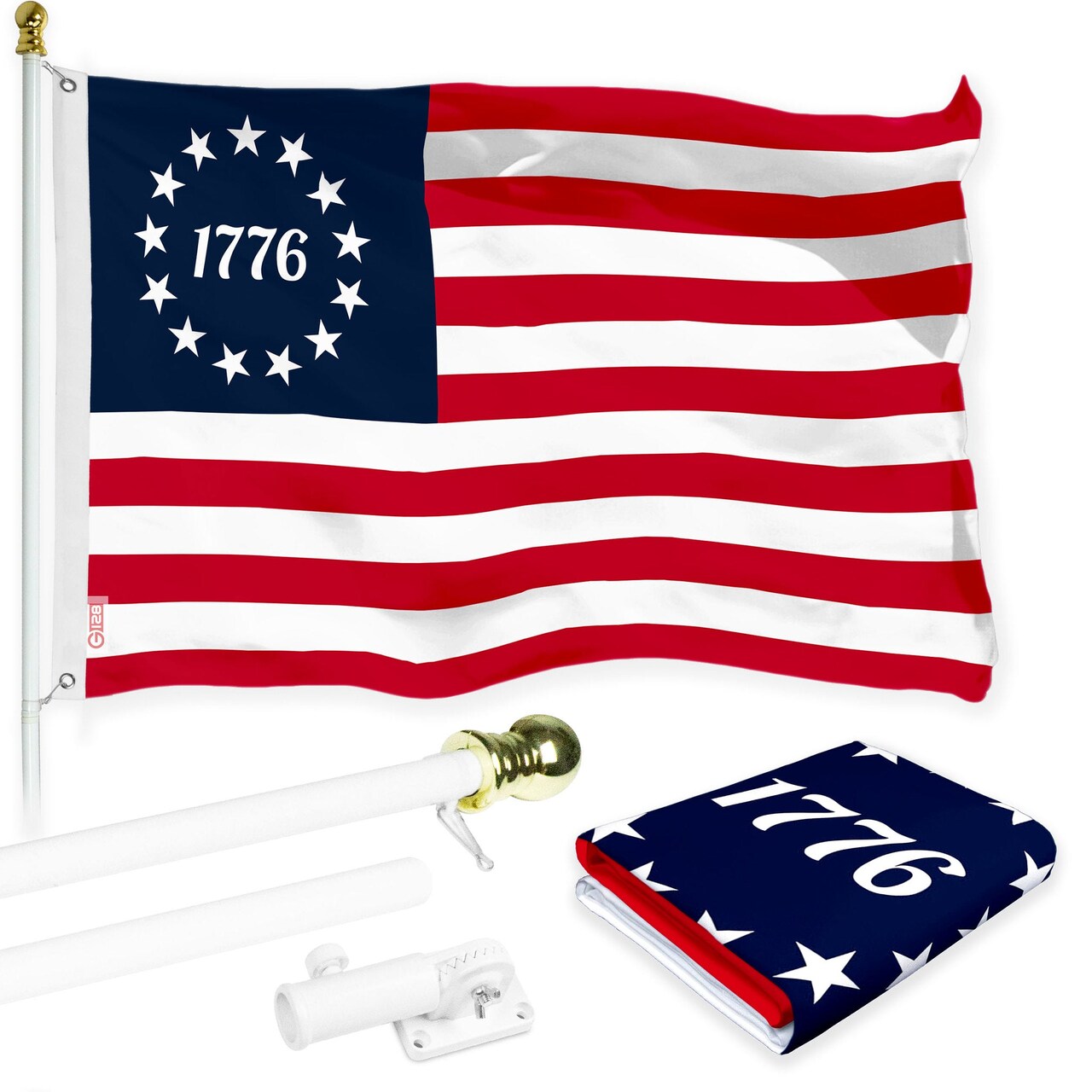 G128 Combo Pack: 6 Ft Tangle Free Aluminum Spinning Flagpole (White) & Betsy Ross 1776 Flag 3x5 Ft, LiteWeave Pro Series Printed 150D Polyester | Pole with Flag Included
